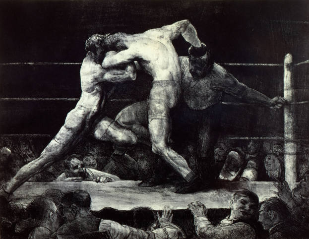 Schwarz-weiß-Zeichnung von zwei Boxern im Ring, einer setzt einen Schlag, während der andere sich verteidigt, mit einer jubelnden Menge im Hintergrund.