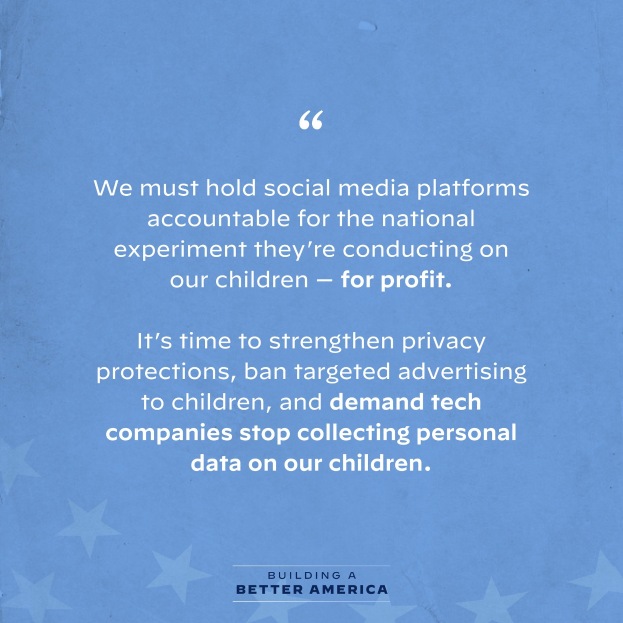 Plakat mit einem Zitat aus Building a Better America, das fordert, dass soziale Medien für den Schaden, den sie an Kindern verursachen, zur Verantwortung gezogen werden, verziert mit Sternen.