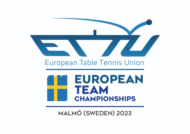 Logo der Europäischen Tischtennis-Union (ETTU) mit dem Text "Europäische Mannschaftsmeisterschaften" darunter, das eine blaue Kreisscheibe mit einem weißen Tennisracket und einem weißen und blauen Rand zeigt.