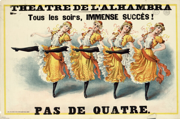 Ein Plakat für das Theatre de l'Alhambra in Paris, Frankreich, das eine Gruppe von Frauen in bunten Kleidern beim Tanzen zeigt, die fröhlich wirken und Spaß zu haben scheinen.