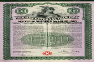 Eine 1924er deutsche Auslandsanleihe-Banknote mit einer Frau auf dem Bild, mit Text und Zahlen, die den Nennwert angeben.