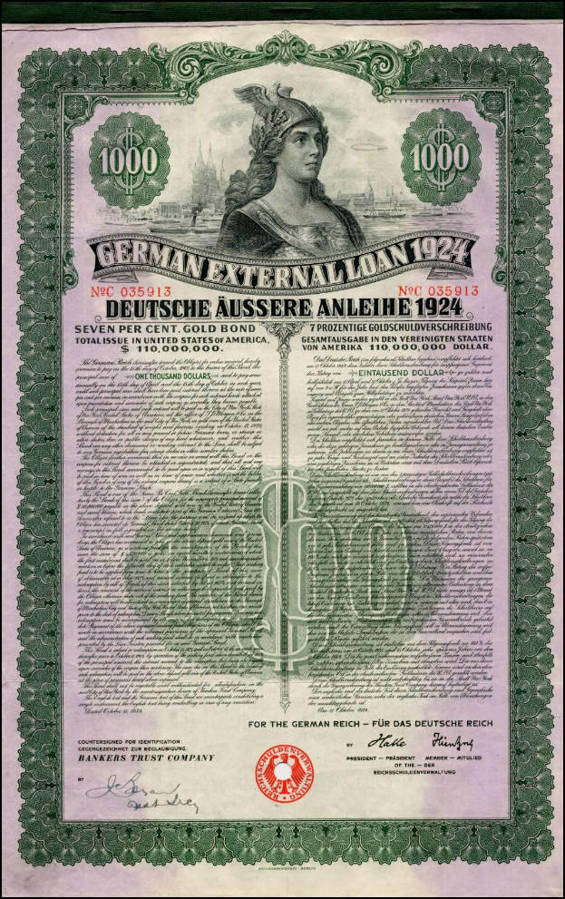 Eine 1924er deutsche Auslandsanleihe-Banknote mit einer Frau auf dem Bild, mit Text und Zahlen, die den Nennwert angeben.