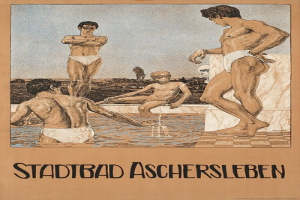 Plakat, das ein Schwimmbad in Aschersleben, Deutschland, bewirbt und Menschen im Wasser zeigt, darunter eine sitzende Person, sowie Text mit Details zum Schwimmbad.