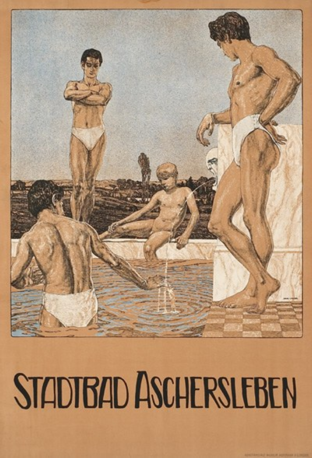 Plakat, das ein Schwimmbad in Aschersleben, Deutschland, bewirbt und Menschen im Wasser zeigt, darunter eine sitzende Person, sowie Text mit Details zum Schwimmbad.