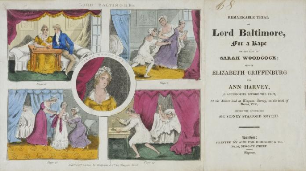 Ein historisches Dokument, das einen Prozess gegen Lord Baltimore wegen angeblichen Vergewaltigungsvorwürfen zeigt, einschließlich Illustrationen von Menschen, Vorhängen und Text.