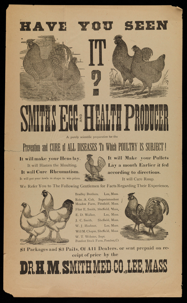 Ein Plakat mit Bildern von Hennen und dem Text "Hast du es schon gesehen? Smiths Eier-Gesundheitsproduzent."