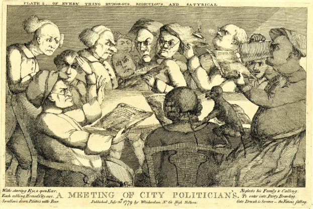 Gruppe von Menschen um einen Tisch versammelt, einer hält ein Buch in der Hand, mit Text "Stadtratsitzung" unten, in Diskussion vertieft.