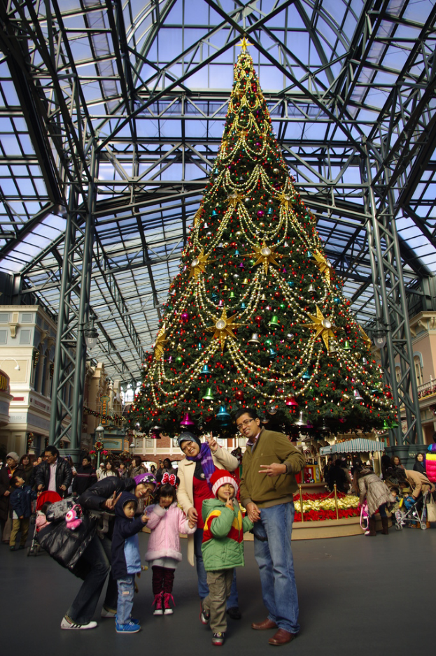 Eine volle Szene mit einer Straße unten, einem Weihnachtsbaum in der Mitte, einem Metalldach oben und Gebäuden links und rechts.