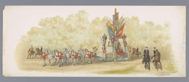 Bild eines Menschen in farbenfrohen Kostümen auf Pferden in einer Karnevalsumzug, mit einem geschmückten Wagen, Bäumen und einem klaren blauen Himmel im Hintergrund.