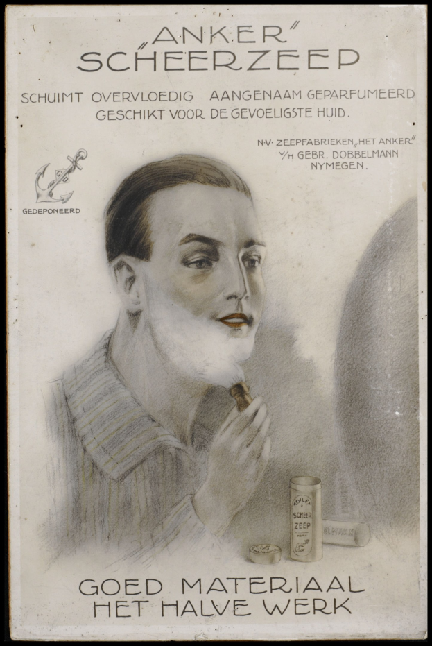 Eine alte Werbung für Anker Scheerzeep, die einen Mann mit einem menschlichen Gesicht und einem nachdenklichen Ausdruck zeigt, mit Text auf dem Plakat.