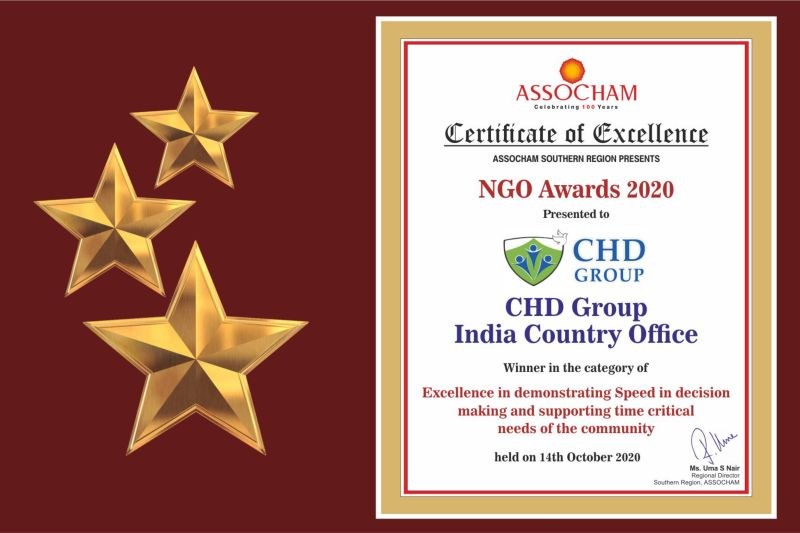 Auszeichnung "Exzellenz" für die NGO Awards 2020 an Chd Group India Country Office verliehen, mit einem Schild-Logo mit einem zentralen Stern und einem Lorbeerkranz.