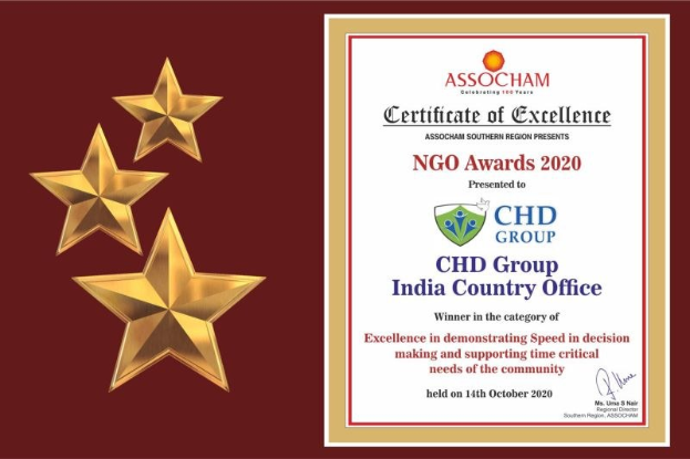 Auszeichnung "Exzellenz" für die NGO Awards 2020 an Chd Group India Country Office verliehen, mit einem Schild-Logo mit einem zentralen Stern und einem Lorbeerkranz.