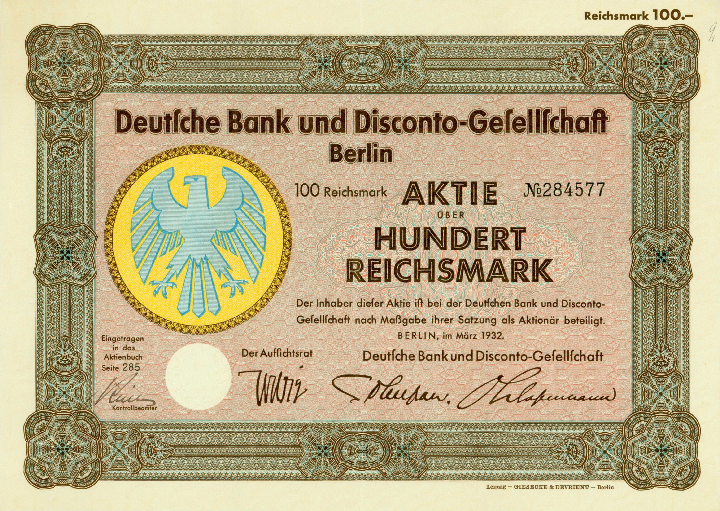 Alte deutsche Banknote mit einer Vogeldarstellung und dem Text "Deutsche Bank und Disconto-Gefellichaft Berlin"
