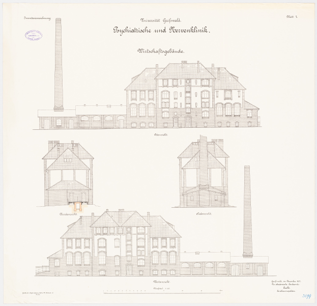 Eine Zeichnung eines mehrfenstrigen Gebäudes mit einem Schornstein, das für ein Psychiatriekrankenhaus in Deutschland gehalten wird, mit Text, der weitere Informationen liefert.