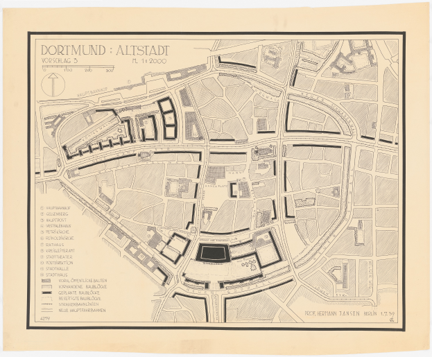 Ein detaillierter alter Stadtplan von Dortmund, Deutschland, auf einem weißen Hintergrund, der Straßen, Gebäude, Sehenswürdigkeiten und Text mit zusätzlichen Stadtinformationen zeigt.