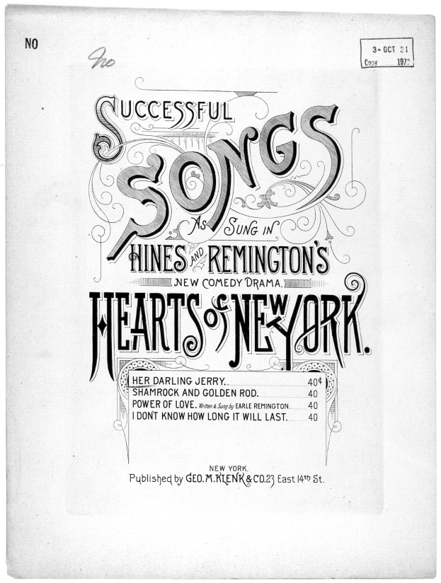 Schwarzes und weißes Plakat mit der Aufschrift "Erfolgreiche Lieder, wie sie in Hines und Remingtons Herzen von New York gesungen werden."