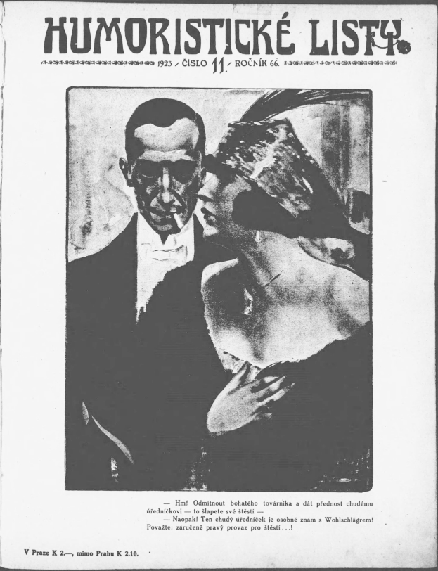 Schwarze und weiße Zeitschriftumschlag mit der Aufschrift 'Humoristische Liste', der einen Mann in Anzug mit ernster Miene und eine Frau zeigt, die wegsieht und leicht schmunzelt.