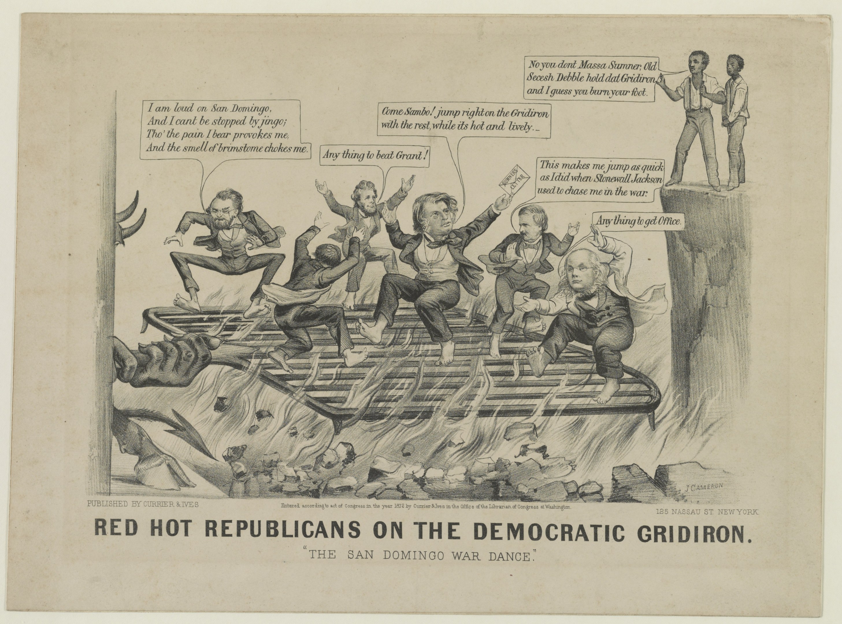 Eine Zeichnung auf Papier mit roten Figuren, die als "Republikaner" bezeichnet werden, auf einem blauen Gridiron, mit wütenden Gesichtsausdrücken und erhobenen Armen, begleitet von fetter schwarzer Schrift.