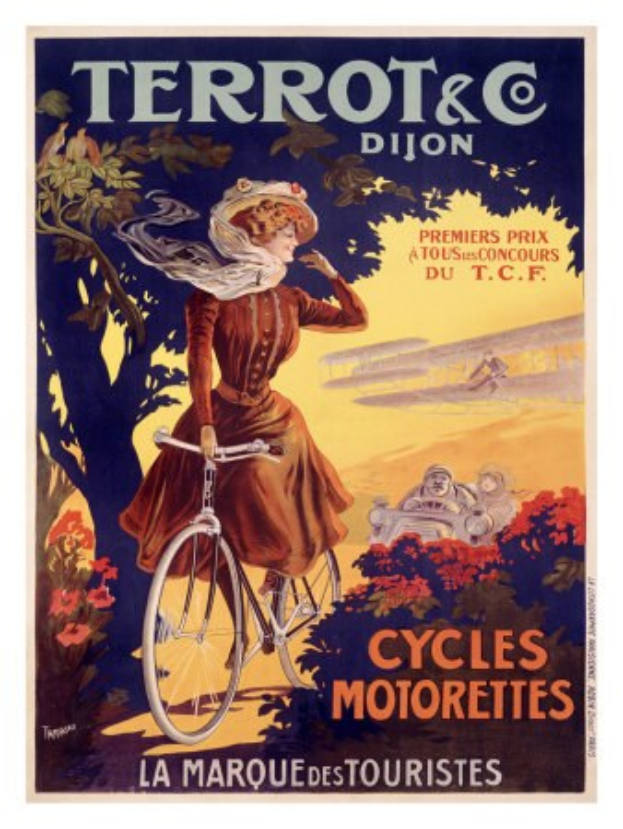 Ein Plakat für eine Fahrradreise in Frankreich, das eine Frau auf einem Fahrrad zeigt, umgeben von Bäumen, Blumen und anderen Menschen, mit Text, der die Reise beschreibt.