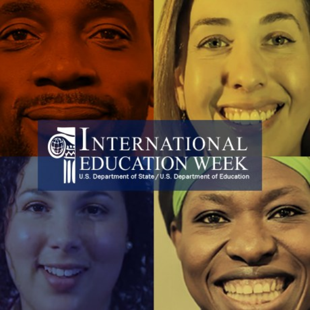 Ein Collage von vier strahlenden Menschen verschiedenen Alters, Geschlechts und Ethnien mit dem Text "International Education Week" in der Mitte.