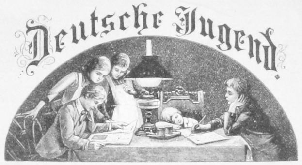 Eine Gruppe von Kindern sitzt um einen Tisch mit einer Lampe, Büchern und anderen Gegenständen herum, unter einem Schwarz-Weiß-Plakat mit der Aufschrift "Deutsche Jugend."