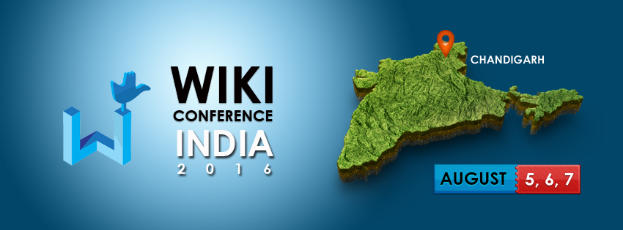 Ein detaillierter Kartenausschnitt von Indien mit "Wiki Conference India 2016" in fetter Schrift, der das Ereignis in Chandigarh anzeigt, und geographische Merkmale wie Berge, Fl├╝sse und St├Ądte zeigt.
