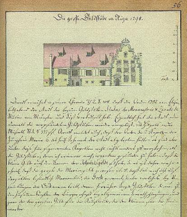 Ein vergilbtes Schreiben aus dem Jahr 1776 der deutschen Regierung mit einer detaillierten Zeichnung eines großen, prunkvollen Gebäudes mit mehreren Fenstern und einem Schornstein.