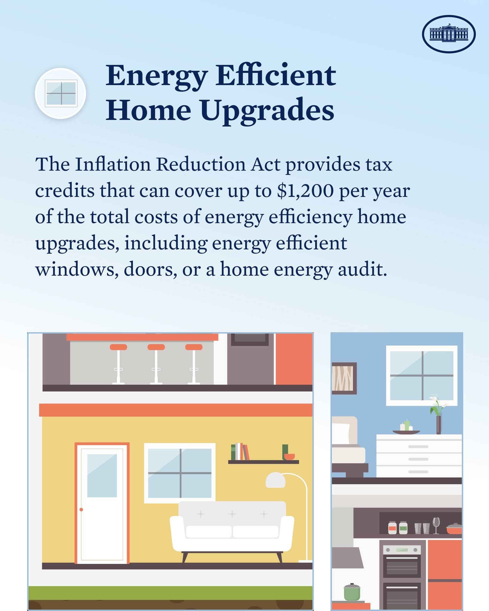 Plakat mit dem Titel "Energieeffiziente Heimverbesserungen" mit Steuergutschriften für energieeffiziente Heimverbesserungen wie Fenster, Türen oder Audits, mit Bildern eines Hauses, einer Couch, einer Lampe, eines Schranks, einer Blumenvase und anderer Gegenstände.