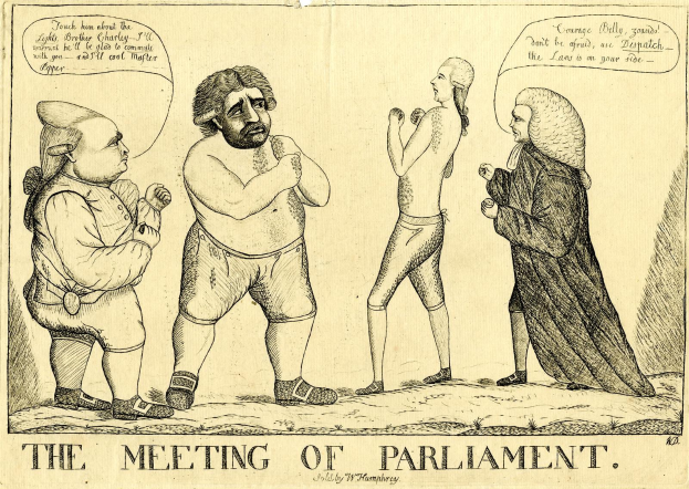 Ein Papier mit der Zeichnung 'Die Parlamentssitzung' zeigt drei Personen, die diskutieren.