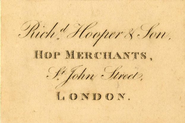 Geschäftskarte für "Rich, Hooper & Son, Hop Merchants" in St John Street, London.