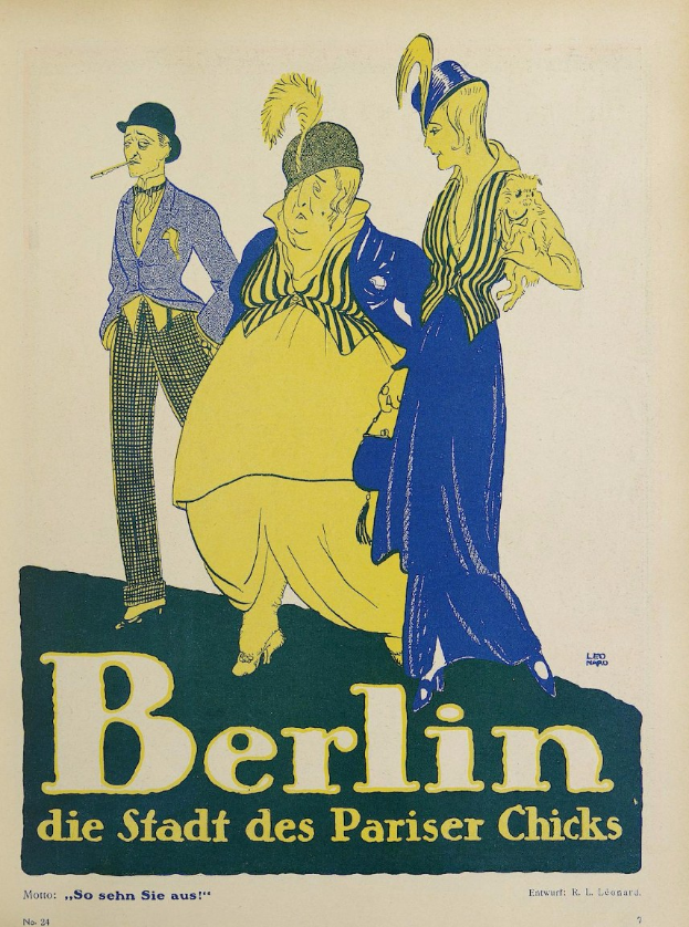 Plakat für ein Konzert in Berlin, Deutschland, mit einer Gruppe von Menschen in bunter Kleidung vor einem Gebäude und dem Text "Berlin - Die Stadt des Pariser Chicks" oben.