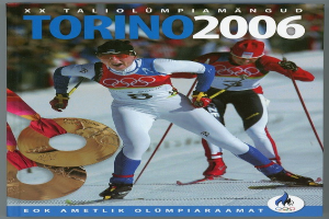 Plakat für die Olympischen Winterspiele 2006 in Turin, Italien, das zwei Skifahrer auf Schnee zeigt.