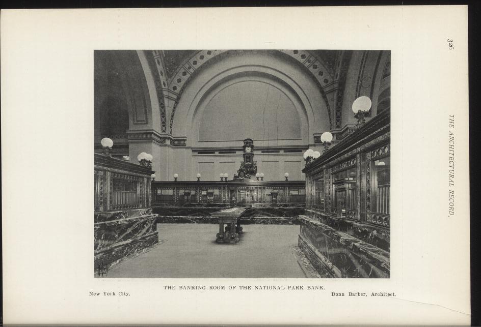 Schwarze und weiße Fotografie des Bankettsaals der National Park Bank in New York City, mit Tischen, Lampen, einer Uhr an der Wand und Text am unteren Rand.