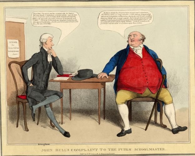 John Bull sitzt an einem Tisch mit Hut und Papieren und spricht mit einem Schulmeister, mit einer Tür und einem Papier an der Wand im Hintergrund.