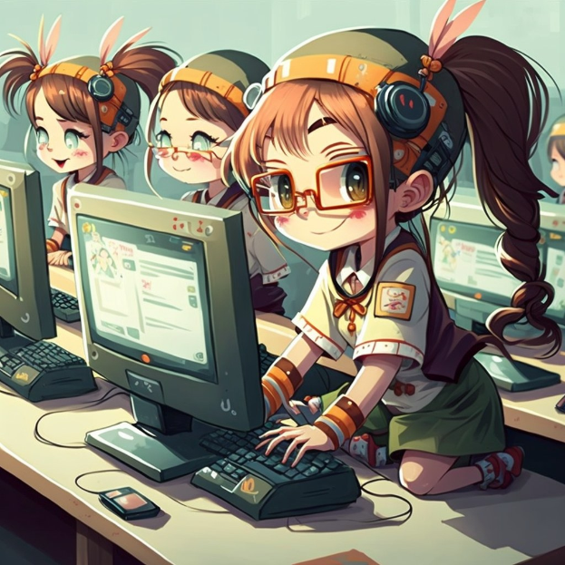 Anime-stil Illustration von vier Mädels mit Kopfhörern und Brille, die an einem Schreibtisch mit Computerbildschirmen, Tastaturen und anderem Equipment sitzen, vor einer leeren Wand.