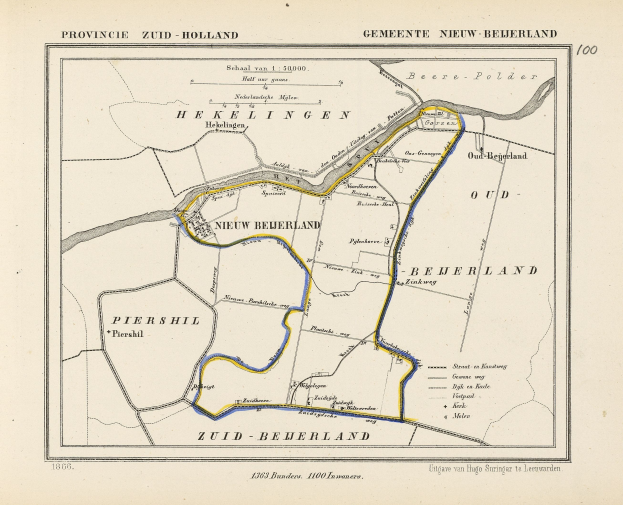 Ein altes Stadtplan von Heelingen, Niederlande, mit schwarzem Rand, der detaillierte Straßen, Gebäude und Sehenswürdigkeiten zeigt.