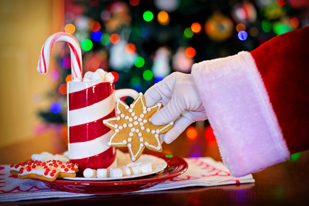 Eine Person mit Santa Claus Mütze hält einen Becher heiße Schokolade und einen Zuckerstange in der Hand und hat einen Teller mit Keksen und ein Tuch auf dem Tisch vor sich. Im Hintergrund sieht man einen Weihnachtsbaum und eine Wand.