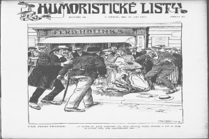 Ein Schwarz-Weiß-Cartoon eines Mannes in Anzug und Krawatte vor einer Menge mit einem Gebäude im Hintergrund, mit dem Text "Humoristische Liste" oben und unten.