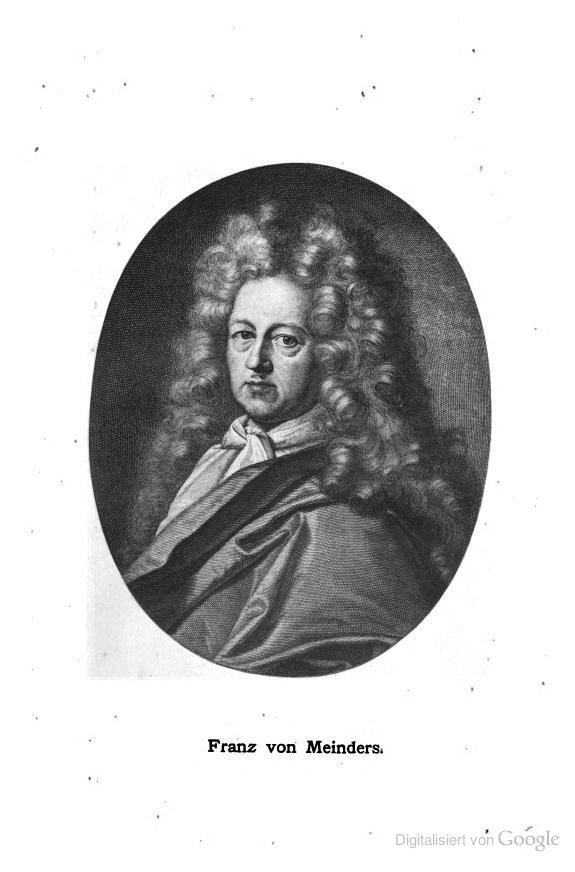 Schwarzes und weißes Porträt von Franz von Meinders, einem deutschen Komponisten mit langen lockigen Haaren und deutschem Text unten.