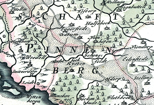 Ein detaillierter alter Stadtplan von Painen, Deutschland, der Straßen, Gebäude, Sehenswürdigkeiten und Text enthält, der Informationen über die Bevölkerung, Straßen und Sehenswürdigkeiten der Stadt bereitstellt.