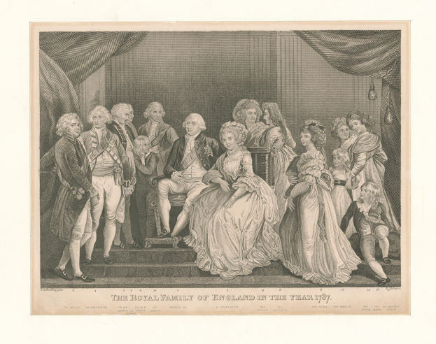 Eine Gruppenporträt der englischen Königsfamilie im Jahr 1787, stehend und sitzend auf einer Treppe mit einer Vorhangwand im Hintergrund, begleitet von Text unten.