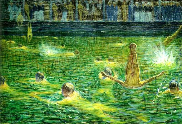 Gemälde mit dem Titel "Der Pool" von KÜNSTLER, das Menschen beim Schwimmen in Wasser zeigt, mit einem Gebäude im Hintergrund.