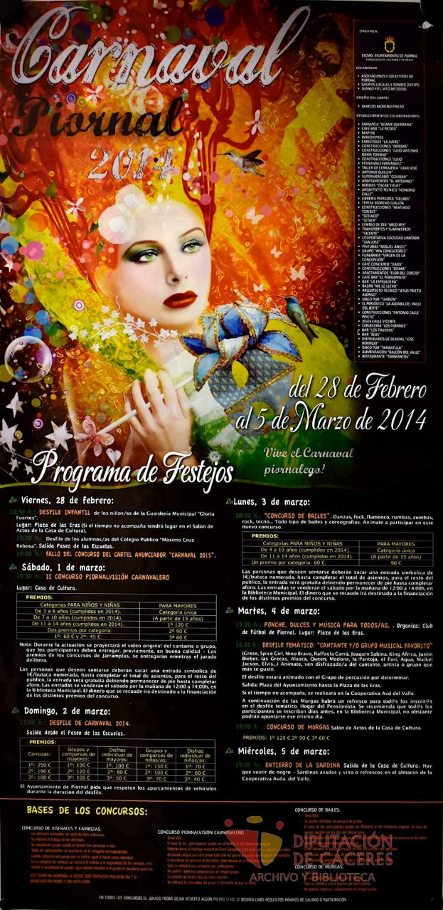 Plakat für das Karnevalsfest 2014 mit einer lachenden Frau in einem bunten Kleid auf einem leuchtenden gelben Hintergrund, umgeben von schwarzem Text.