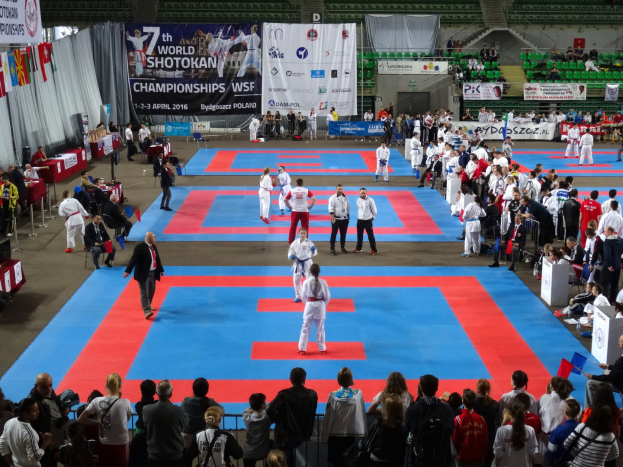 Eine Gruppe von Menschen steht auf einer blauen und roten Judo-Matte, umgeben von einer Menge, mit Tischen, Bannern und Fahnen im Hintergrund bei den 7. World Shotokan Championships in Polen.