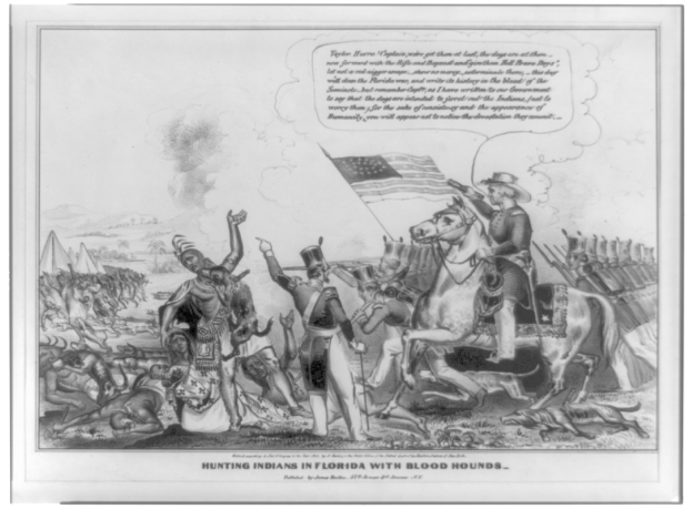 Schwarzes und weißes Foto einer Gruppe von Menschen, einige zu Pferd, mit einer Flagge im Hintergrund und Text unten mit der Aufschrift "Jagen von Indianern in Florida mit Bluthunden".