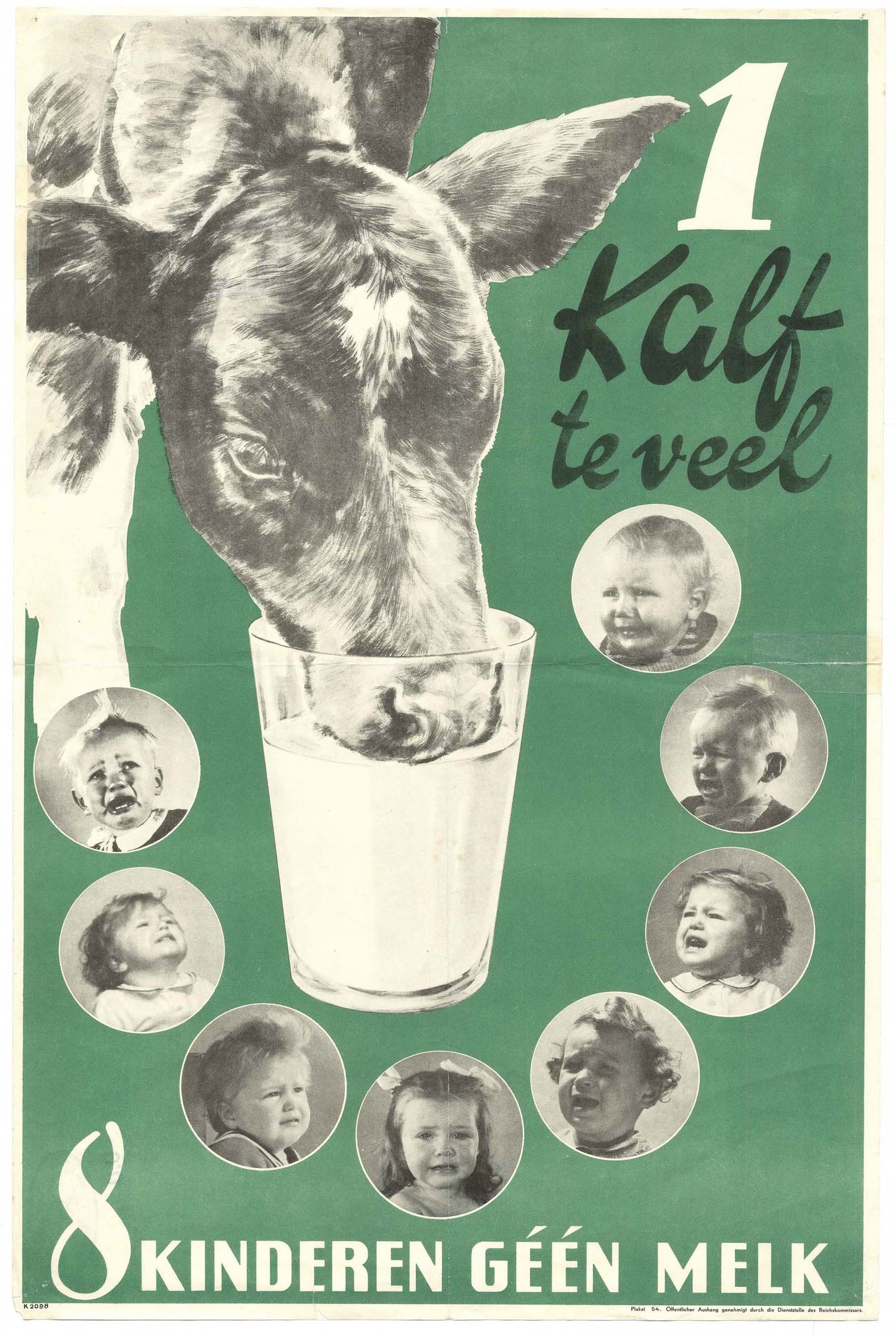 Ein Plakat mit einer Kuh, die Milch aus einem Glas trinkt, umgeben von Bildern von Kindern, mit Text darauf.