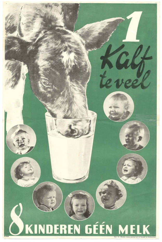 Ein Plakat mit einer Kuh, die Milch aus einem Glas trinkt, umgeben von Bildern von Kindern, mit Text darauf.