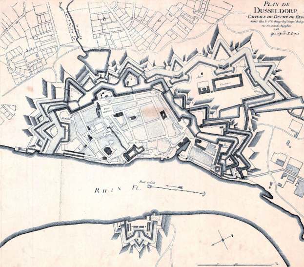 Detailierte Karte von Düsseldorf, Deutschland, mit Straßen, Gebäuden und Sehenswürdigkeiten, begleitet von Texten über die Bevölkerung, Geschichte und Kultur der Stadt.