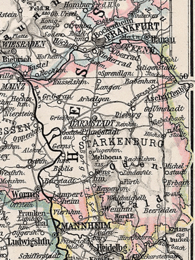 Ein detaillierter alter Stadtplan von Starkenburg, Deutschland, der Straßen, Gebäude und Sehenswürdigkeiten mit Textbeschriftungen zeigt.