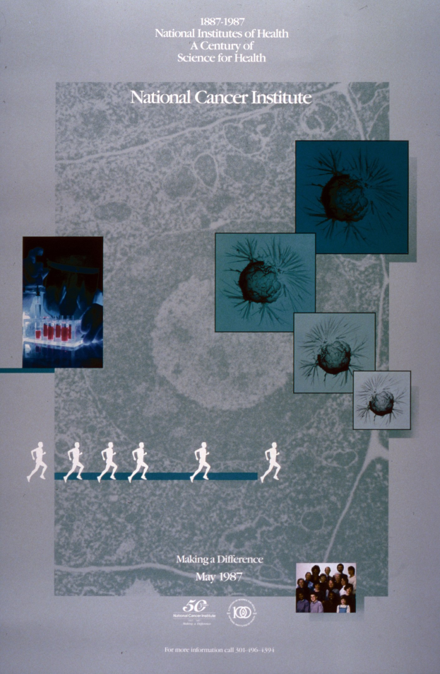 Buntes Plakat mit einem blauen Hintergrund und weißer Schrift, die in fetten Großbuchstaben "National Cancer Institute" lautet, umgeben von überlappenden Bildern von lachenden Menschen verschiedenen Alters, Geschlechts und Ethnien, die in einem Kreis angeordnet sind.